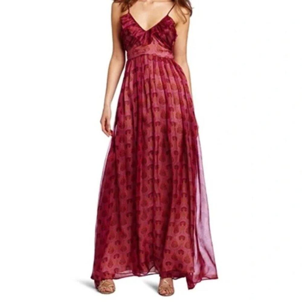 Anthro Aryn K Vintage Lotus Dress Red Silk Ruffle V-Neck Sleeveless Size Small